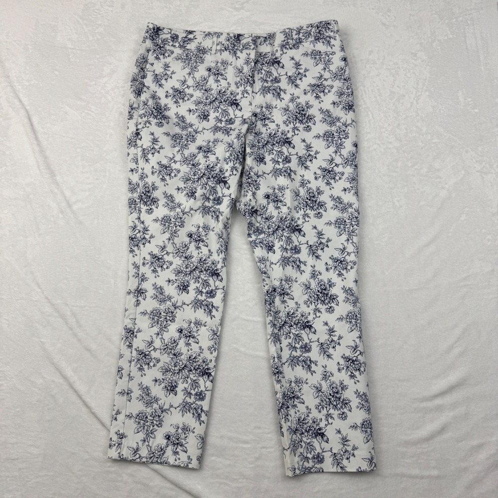 Mario Serrani Italy Womens Floral Ankle Pants White Navy Blue Size 12 Stretch